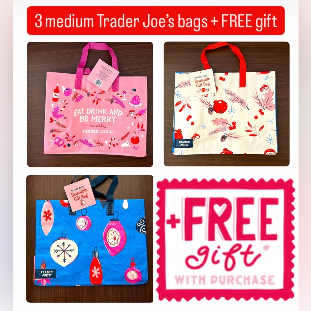 🪻🌞3 Medium Festive Holiday Trader Joe's Reusable Bag Trio + FREE gift!💝